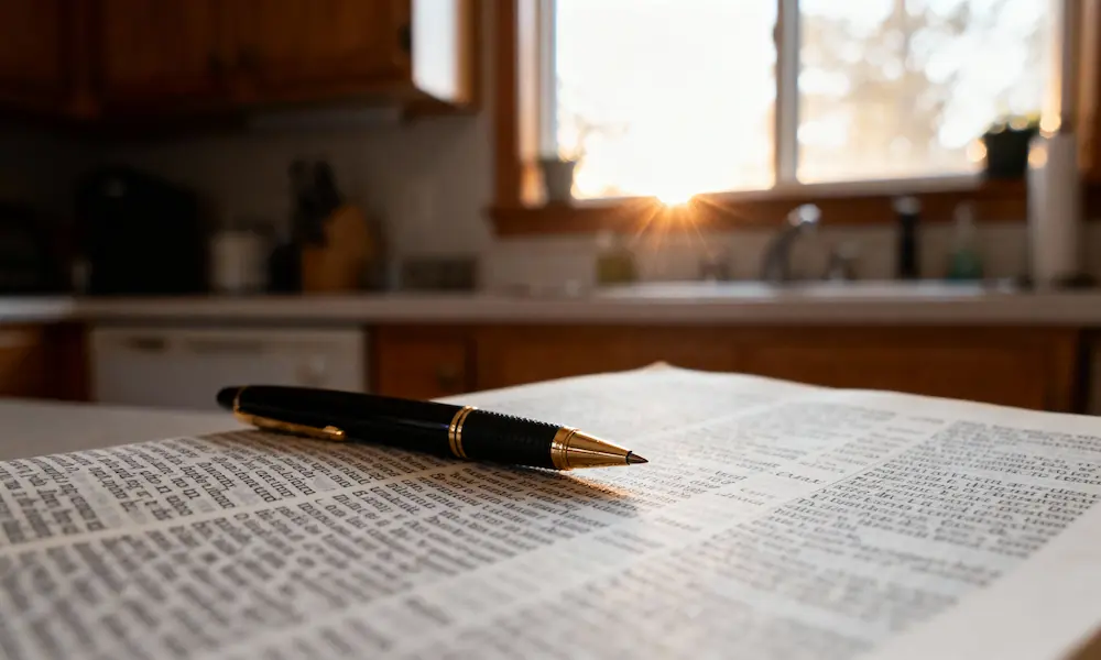 Woman at table with open Bible and timer, focused in warm morning light.