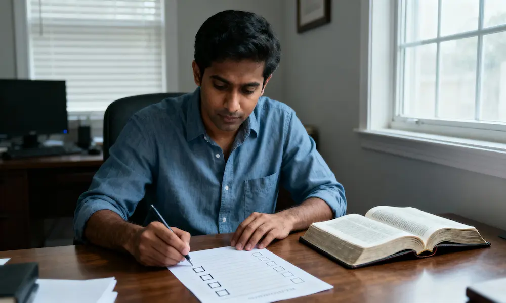 Man in home office with open Bible and checklist in cool daylight.
