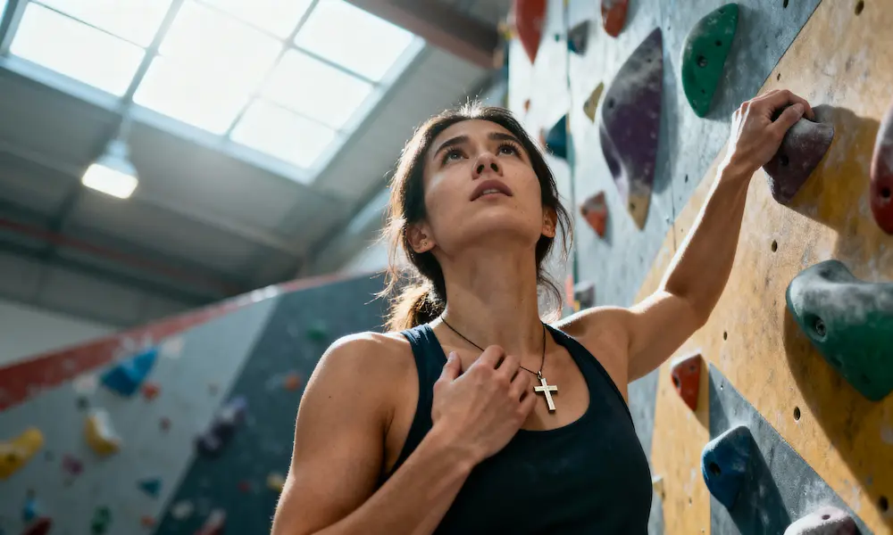 Woman rock climber pauses mid-climb touching cross necklace with skylight illumination.