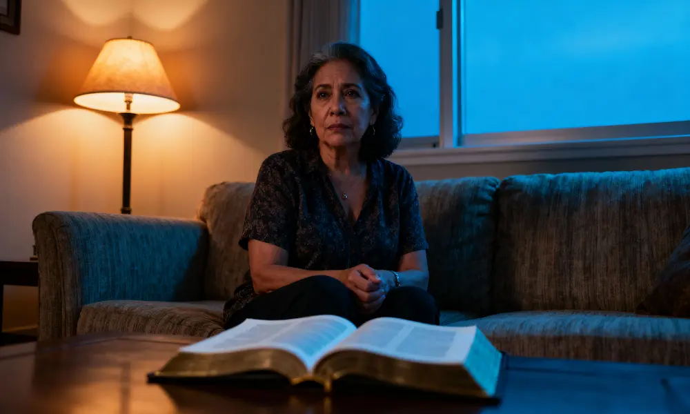 Woman at dusk with open Bible and warm lamp, soft smile.