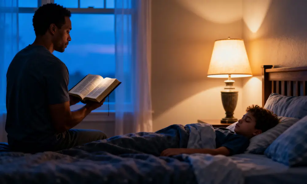 Parent reads Bible beside sleeping child at blue hour with warm nightlight and peaceful atmosphere.