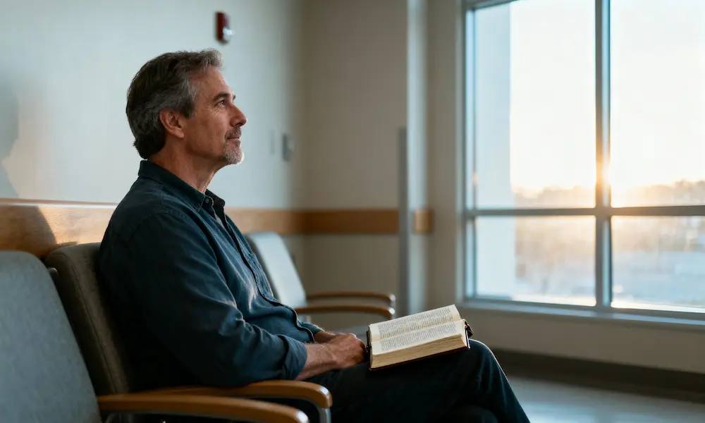 Middle-aged man sits with open Bible in hospital waiting room, looking toward morning light.