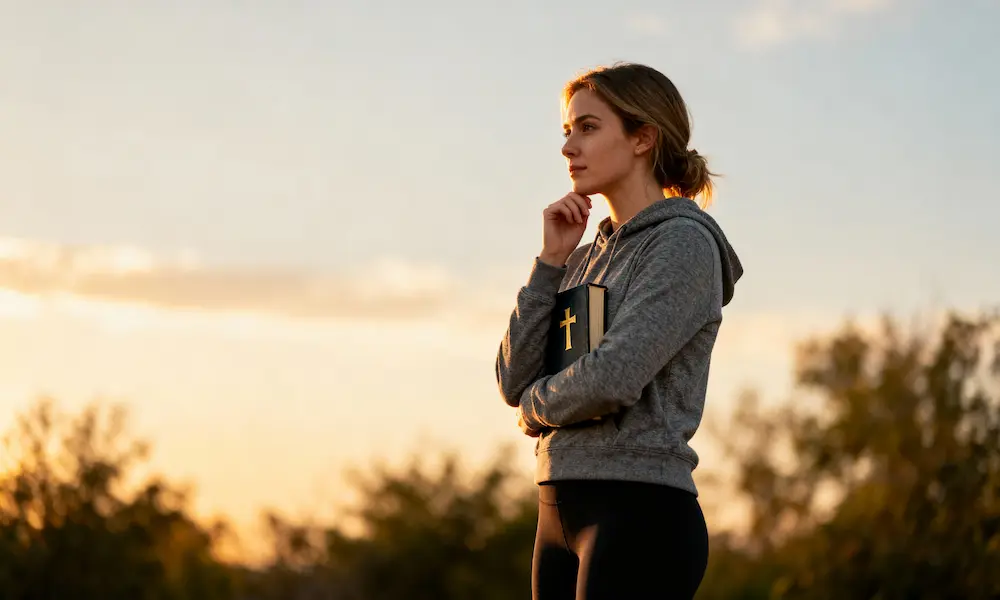 Woman pausing on trail with Bible under arm in golden morning light.