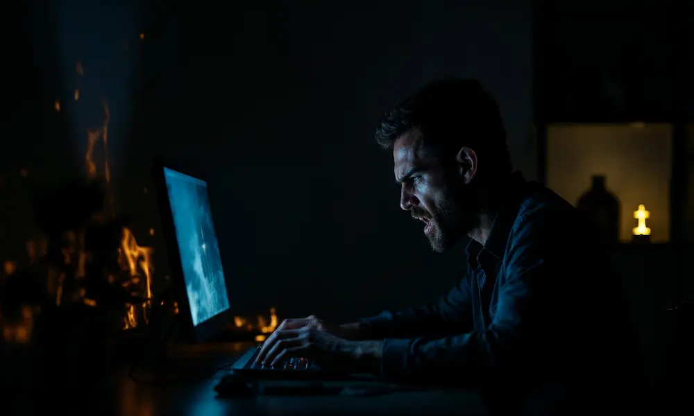 A man lit only by his computer screen, angrily typing in the dark
