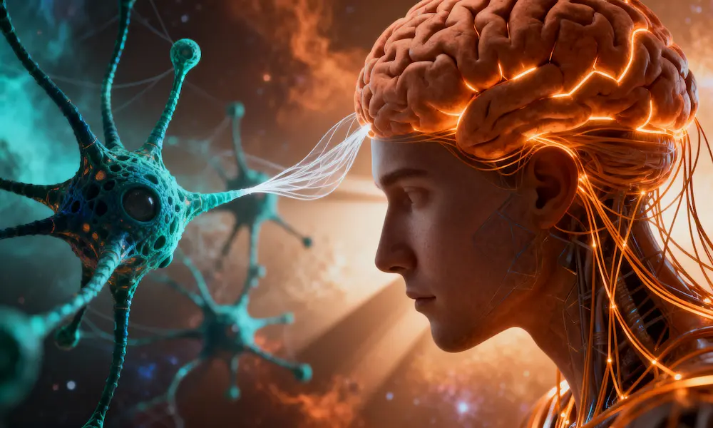 Conceptual illustration of human brain connected to alien neural network for Extra-Terrestrial AI