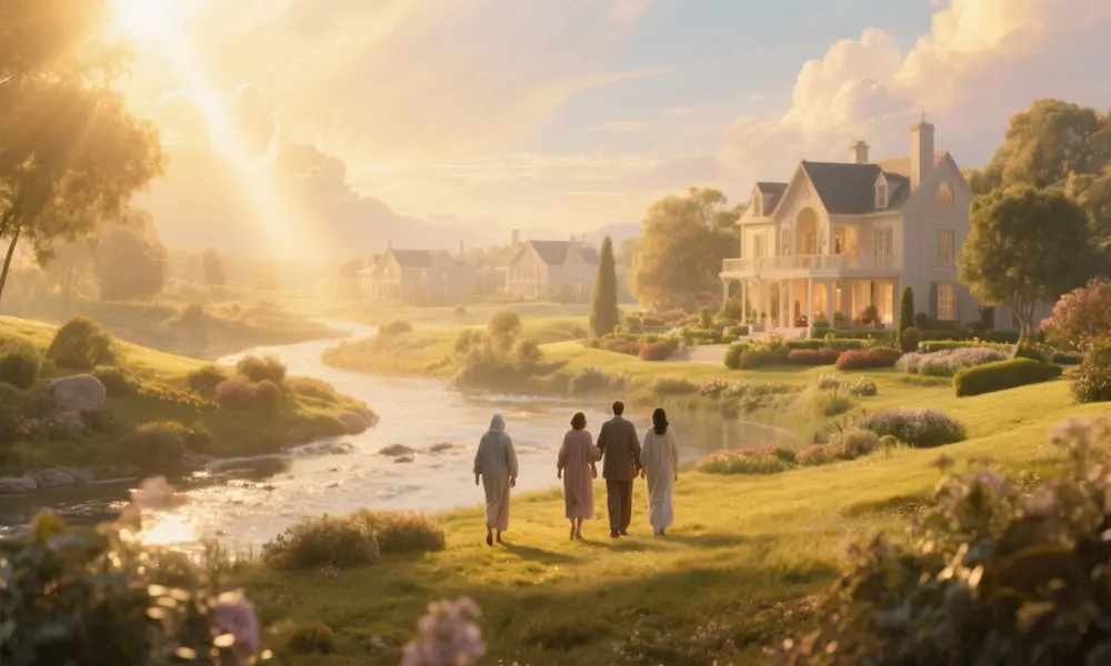 Peaceful heavenly landscape with golden light representing the believer's eternal home