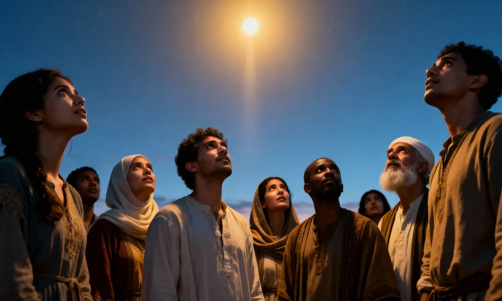 Diverse group looking at celestial light, symbolizing faith and alien wisdom