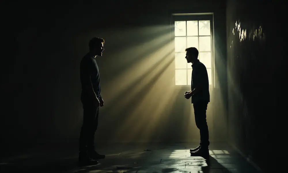 A father yelling angrily at his teenage son in a dimly lit home.