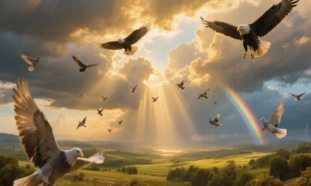 Birds flying through atmospheric heaven with golden sunlight breaking through storm clouds