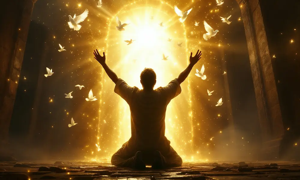 Kneeling believer breaking chains that turn into doves flying toward heaven.