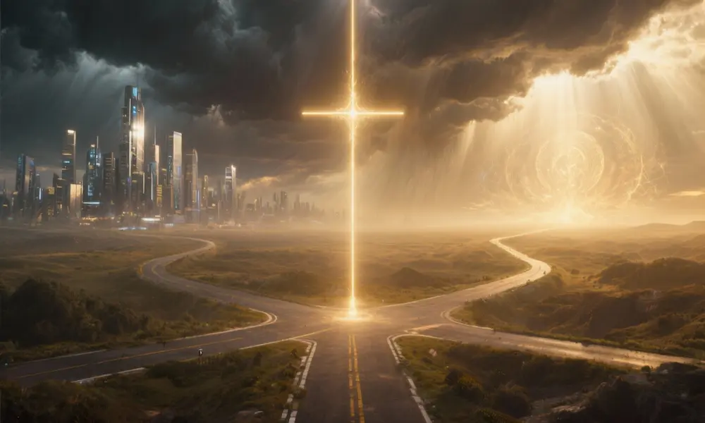 Symbolic crossroads with paths leading to different futures, one technological, one spiritual, under a dramatic sky