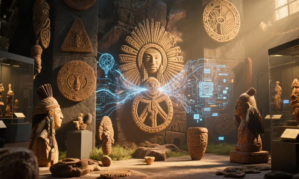 Montage of ancient mythological symbols from different cultures surrounding modern AI imagery