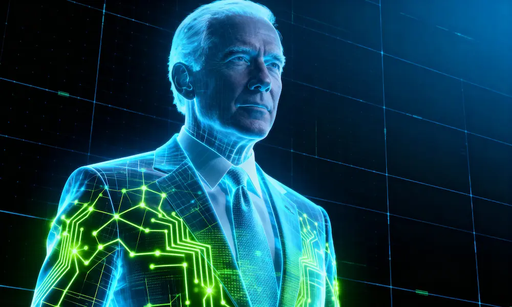 Holographic politician figure with glowing AI neural network overlay