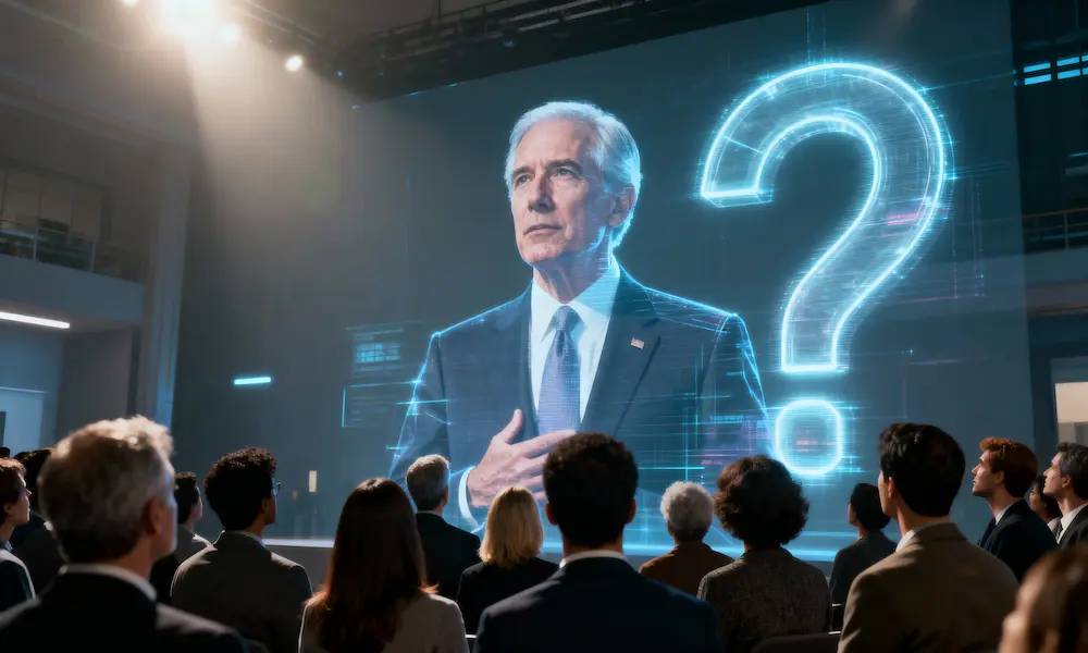 Crowd watching hologram with translucent question mark symbolizing trust and ethics