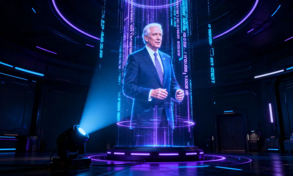 Holographic projector emitting 3D politician figure with AI data streams