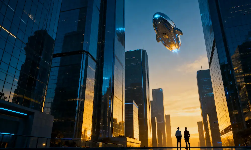 Futuristic cityscape with humans looking at distant alien spacecraft, symbolizing future implications