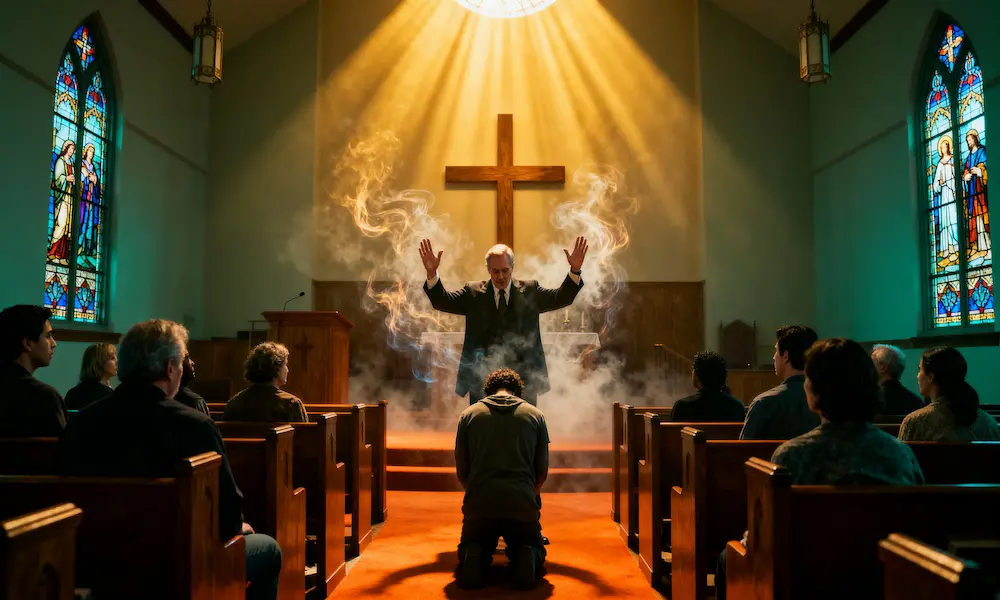 Intense deliverance prayer session with pastor praying over person in church with divine lighting
