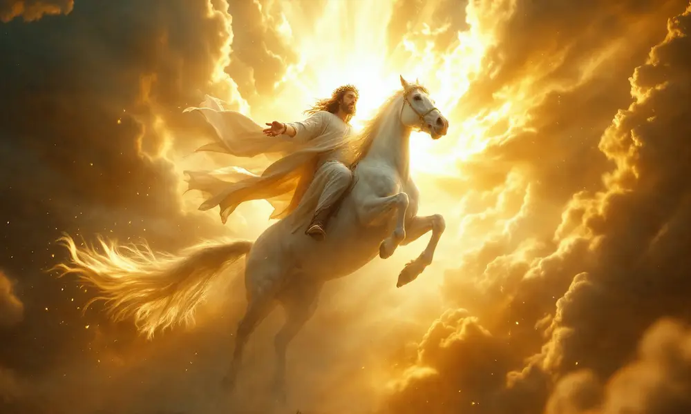Jesus Christ descending on white horse from sun during Second Coming vision with ascending spirits
