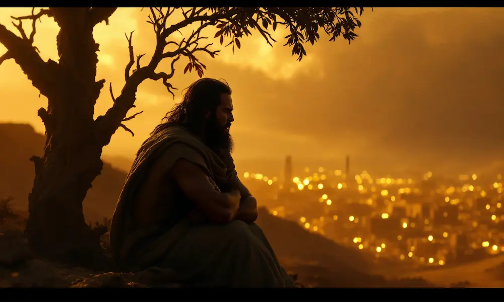 Jonah sulking outside Nineveh, bitter at God’s mercy.