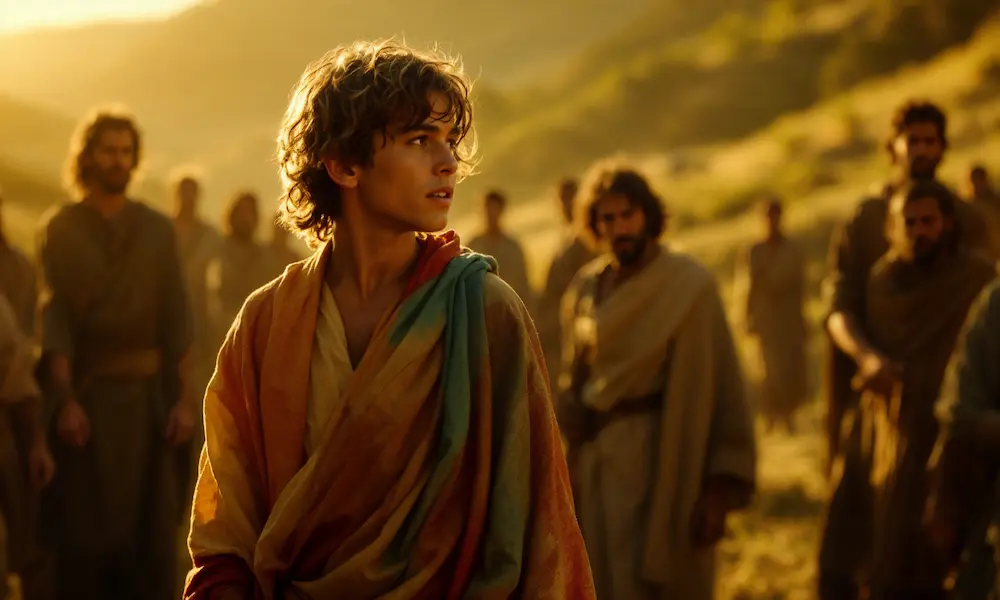 Joseph standing in his multicoloured coat, brothers glaring with resentment.