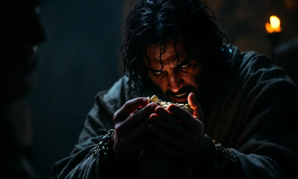 Judas Iscariot clutching silver coins with a look of torment, in a dark, sombre setting.