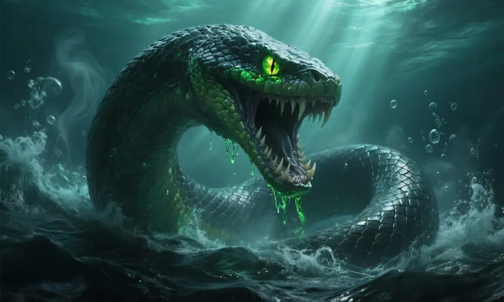 Monstrous sea-serpent Leviathan, crowned Prince of Envy, coiling in green mist and ocean shadow.
