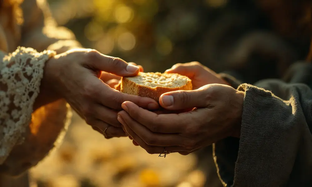 Hands open, giving to another, with a warm, joyful interaction.