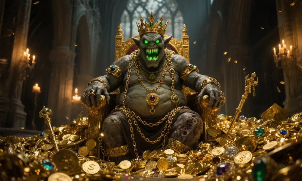 Dark portrait of Mammon, the Prince of Greed, hoarding wealth with clawed hands and a crown of gold.