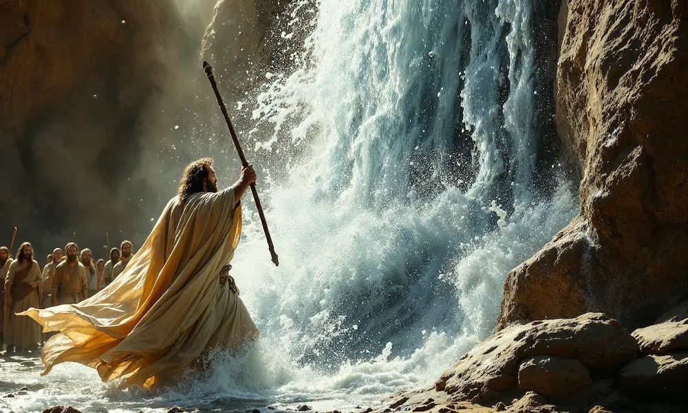 Moses striking the rock with anger before Israel, water gushing out.