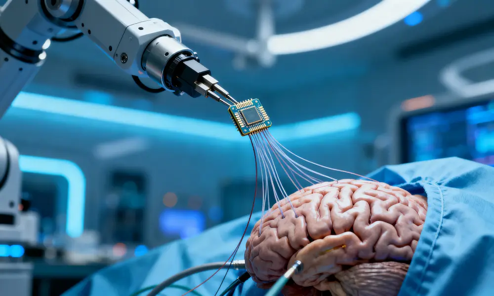 Close-up of Neuralink brain chip implant with surgical robot