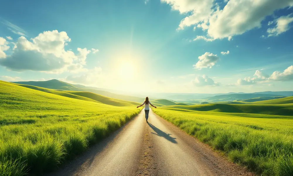 A serene, open path leading through a sunlit landscape, with a figure walking peacefully.