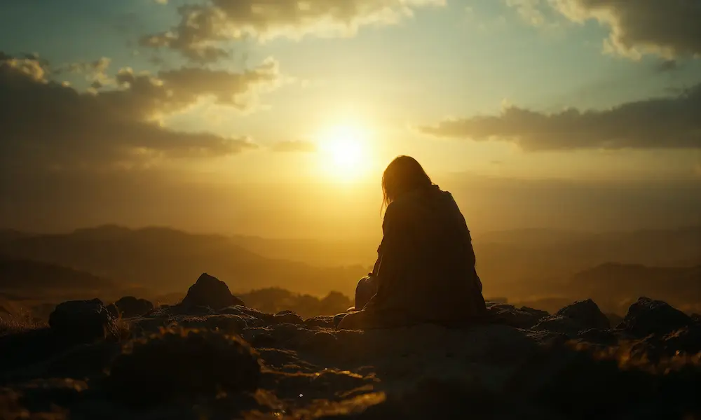 Cinematic portrayal of a person in quiet reflection before the Shroud of Turin