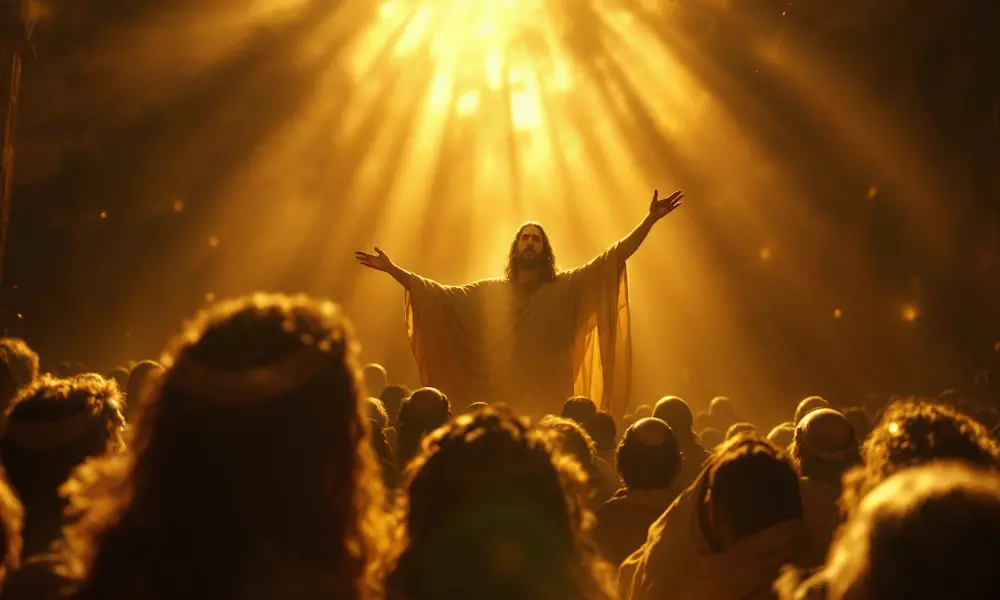 Pharisees whispering in envy as Jesus teaches crowds.