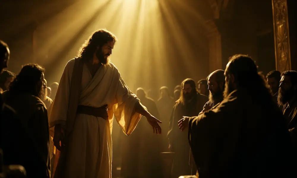 Pharisees whispering in wrath as Jesus heals a man’s hand.