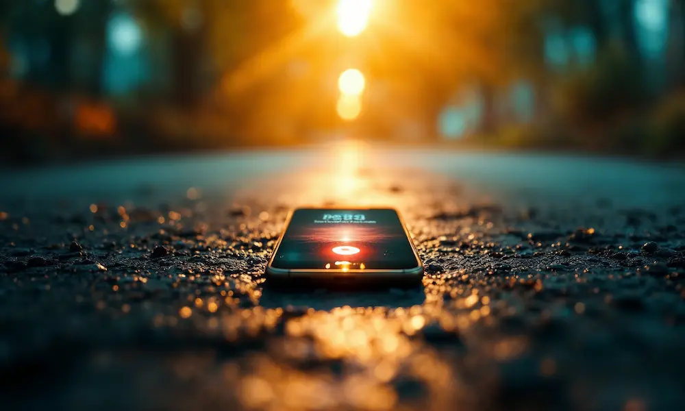 Glowing smartphone on ground representing worldly distractions during spiritual vision of Second Coming