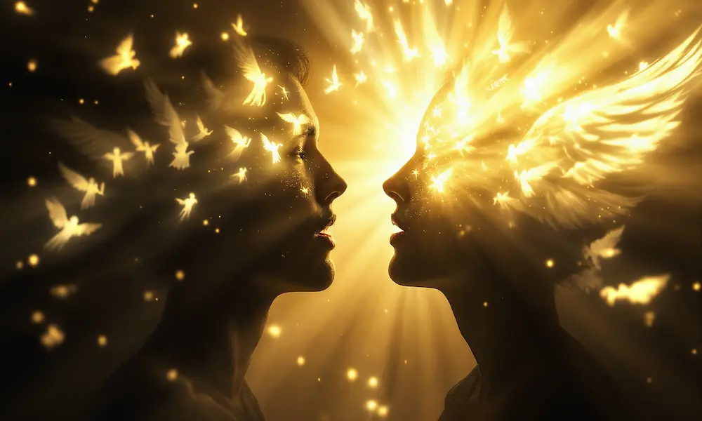 Cinematic close-up of lips speaking glowing golden words that rise as angels or descend as shadow
