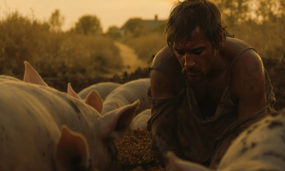 A young man in rags starving among pigs, longing for husks.