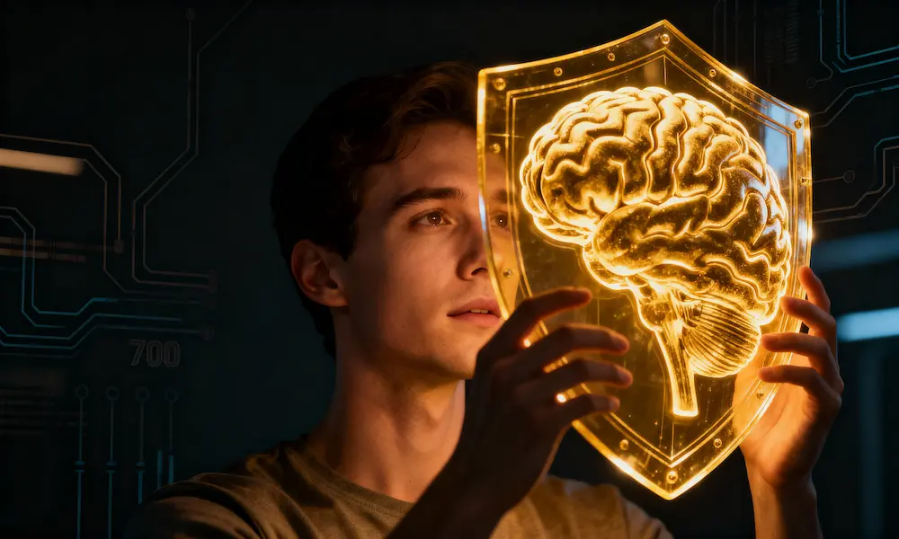 Person holding glowing shield protecting mind from AI control