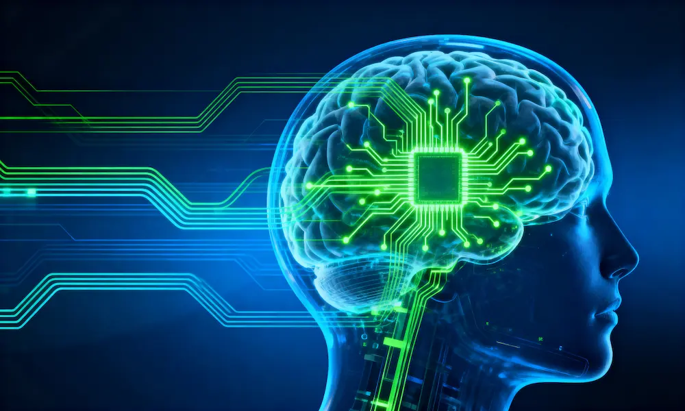 Human brain with glowing quantum circuits and AI data streams representing Quantum Predictors concept