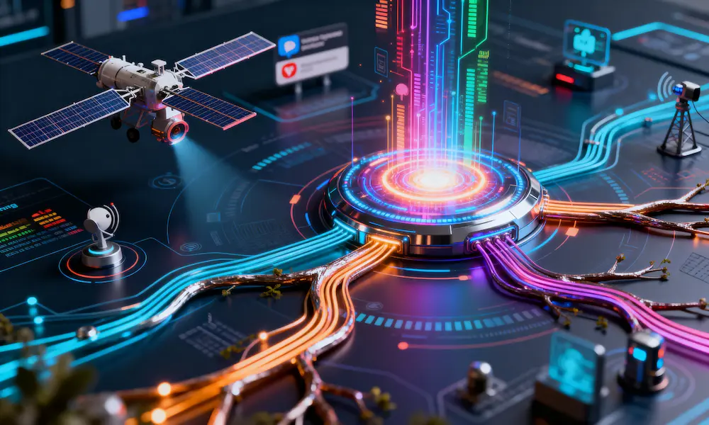 Data streams from satellites and social media flowing into quantum AI core analyzing futures