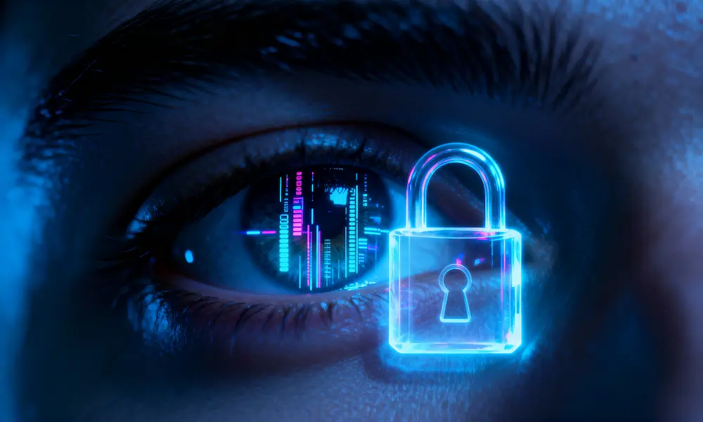 Human eye with digital data streams and glowing lock symbolizing privacy and ethics