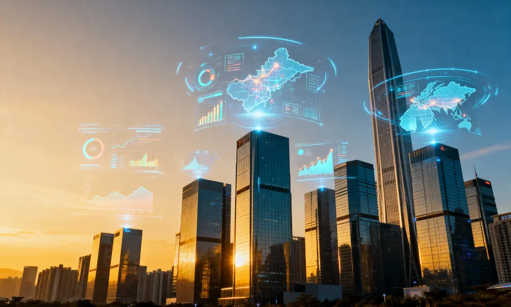 Futuristic city with holographic data projections of future events and decisions
