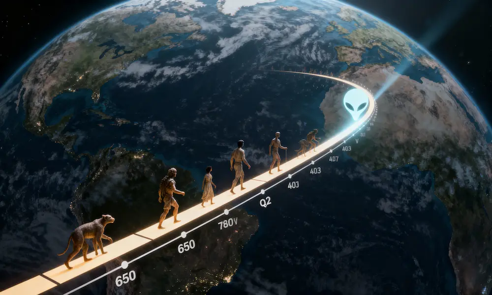 Timeline graphic of accelerating human tech with alien catalyst symbol