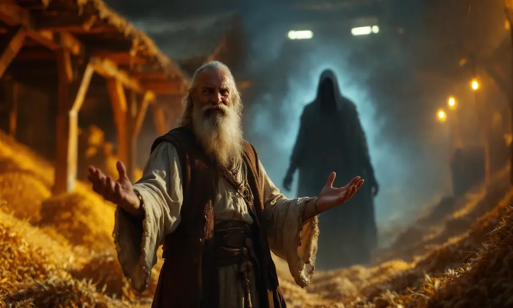 A rich man standing proudly amidst overflowing barns, unaware of a looming, ethereal figure of death.