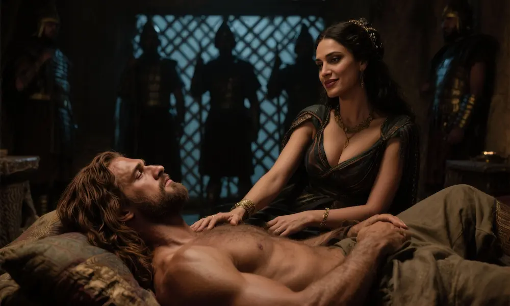 Delilah alluring Samson into revealing his secret as he rests in her lap.