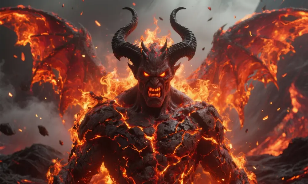 Fiery image of Satan, the Prince of Wrath, cloaked in flame and bursting with rage.