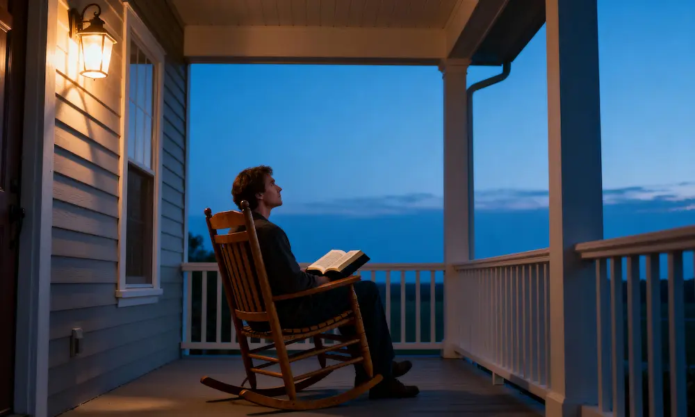 Person sits peacefully in a rocking chair with Bible, watching the evening horizon.