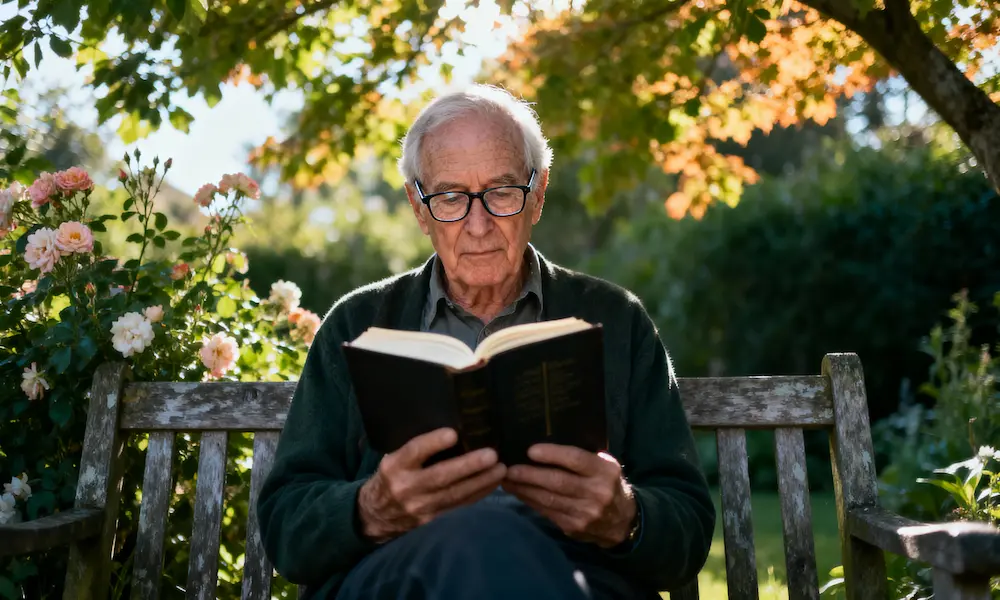 Elderly man reads a Bible on a garden bench with blooming flowers and dappled sunlight.
