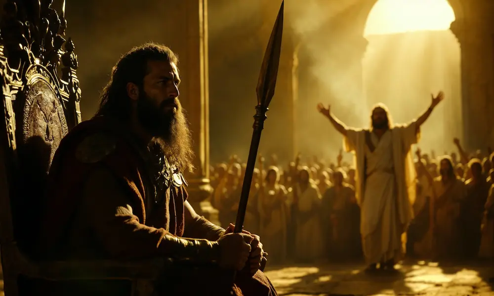 King Saul in shadow, gripping a spear, glaring at a joyful David cheered by crowds.