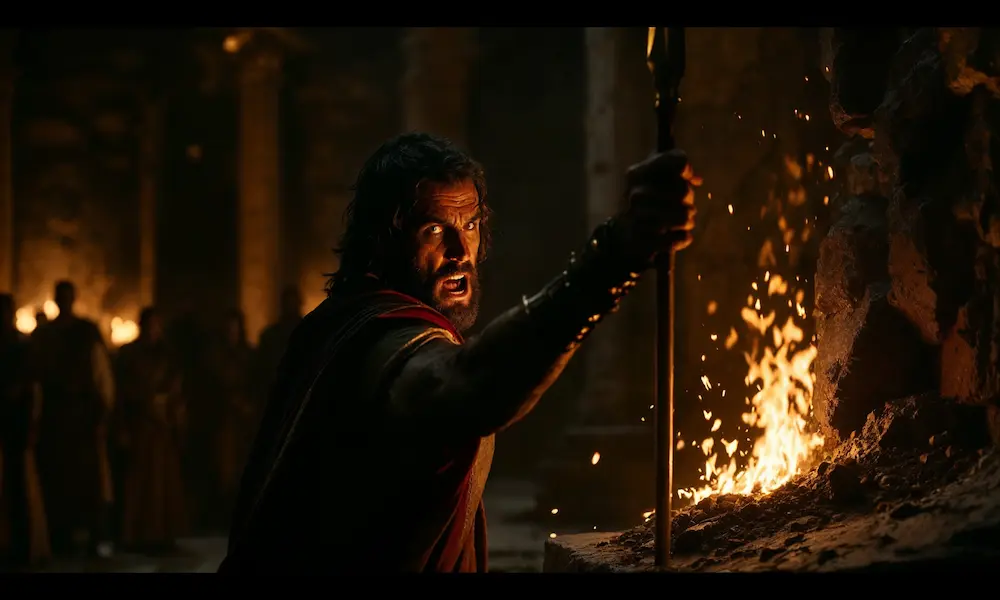 Saul hurling a spear at David in rage as David dodges.